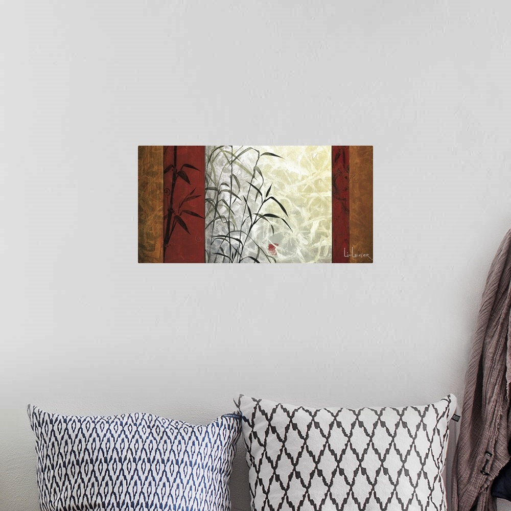 A bohemian room featuring A contemporary painting of bamboo bordered with a paneled design.
