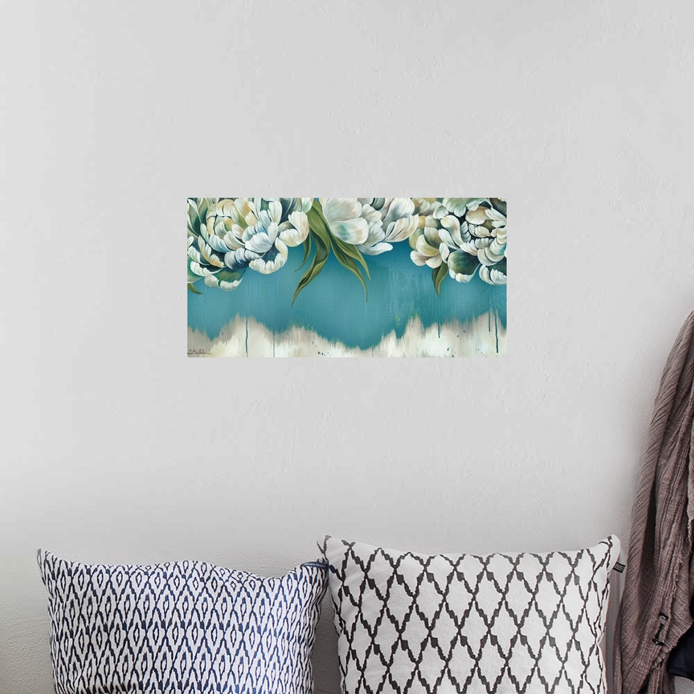 A bohemian room featuring Contemporary painting of a group of white flowers against a blue and white backdrop.