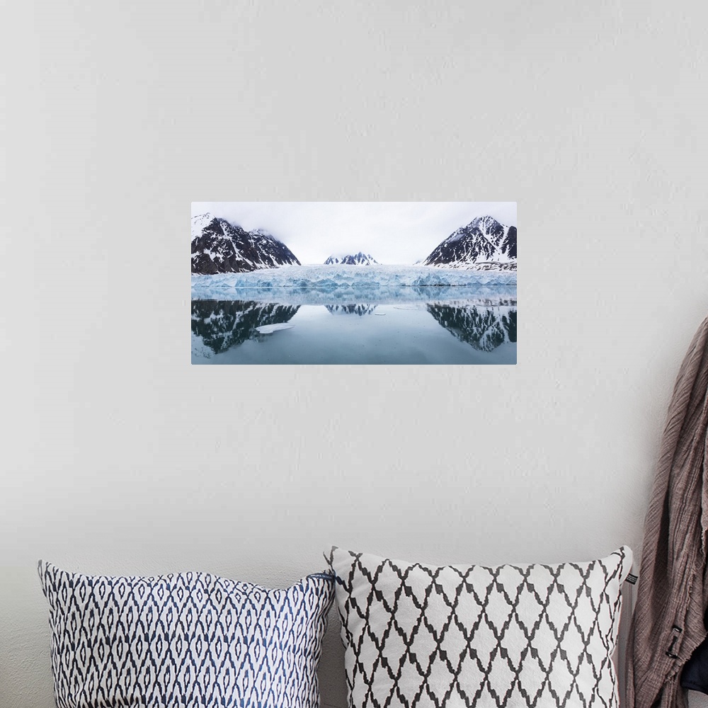 A bohemian room featuring Norway, Svalbard, Monacobreen glacier, Reflections of mountains and glacier.