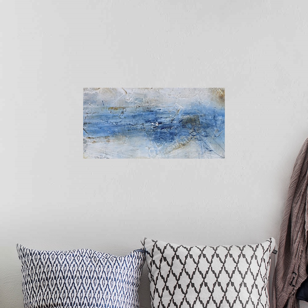 A bohemian room featuring Contemporary abstract painting using blue and light blue.