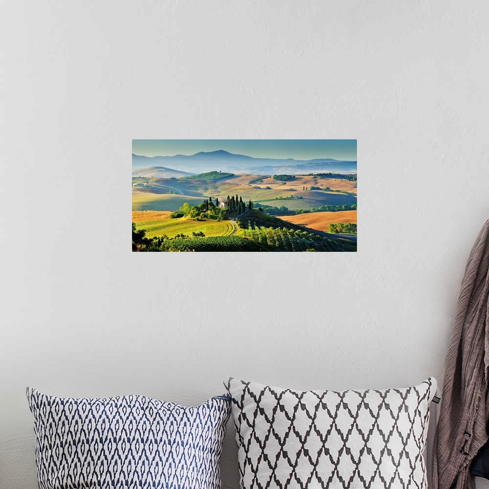 A bohemian room featuring Italy, Tuscany, Mediterranean area, Siena district, Orcia Valley, Typical landscape