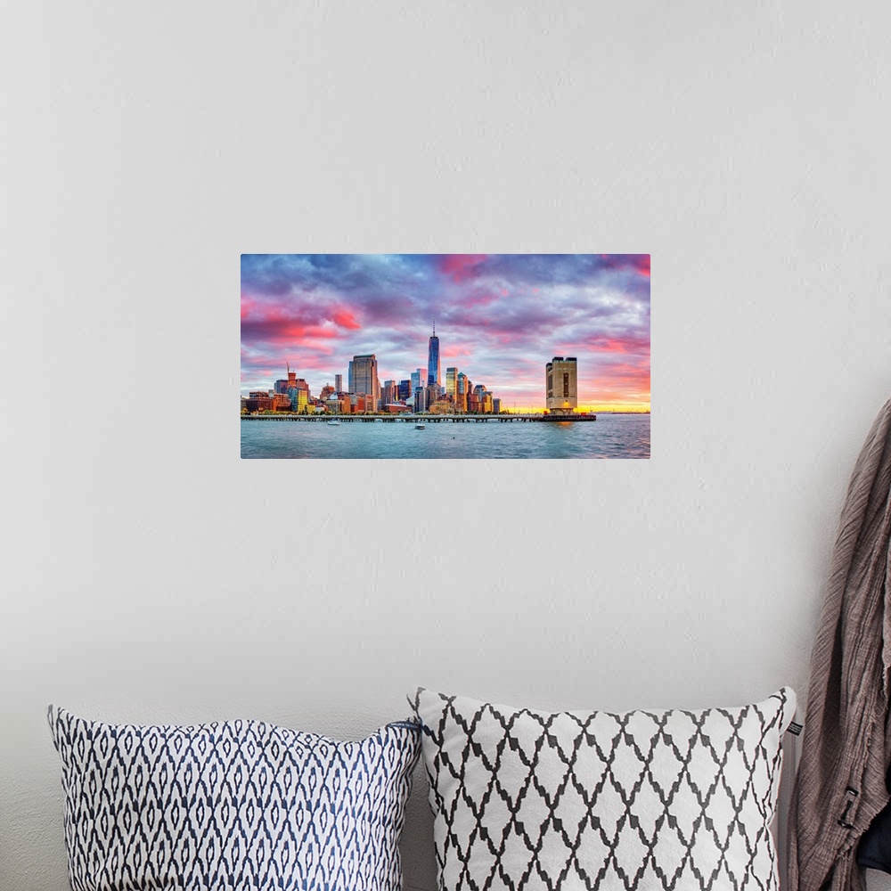 A bohemian room featuring USA, New York City, Lower Manhattan, Financial District and Freedom Tower, view from Pier 40 at s...