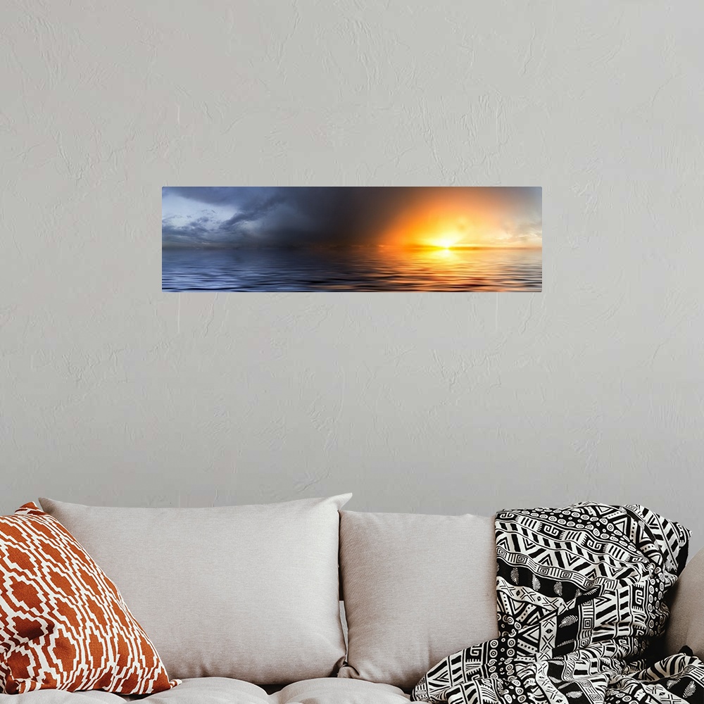 A bohemian room featuring A panoramic sunset of a red sky over a dark ocean seascape.