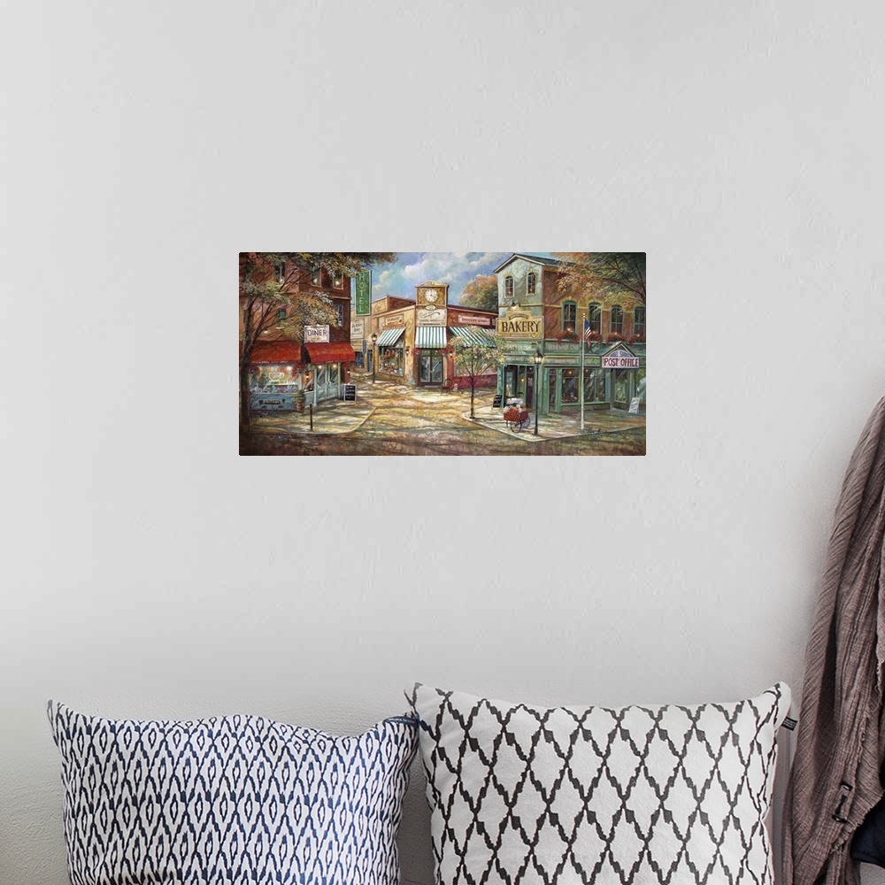 A bohemian room featuring Large contemporary painting of storefronts in an American town.