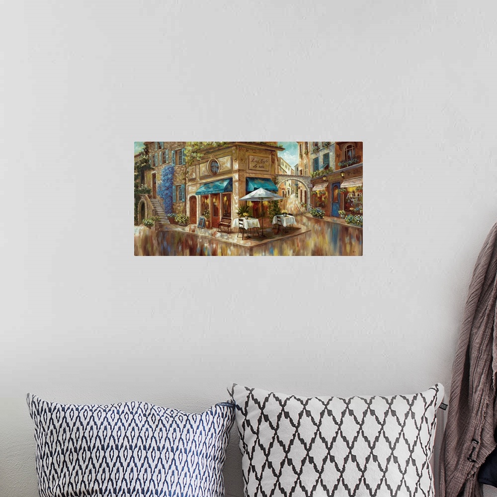 A bohemian room featuring Contemporary painting of a cafe on a cute French street corner.