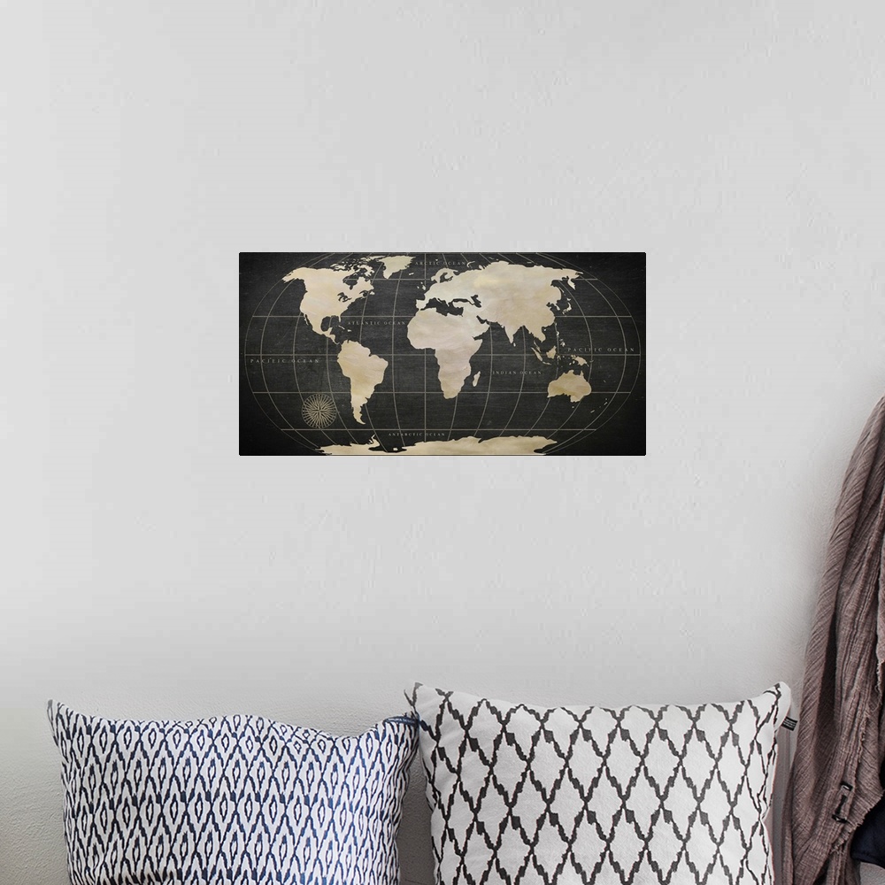 A bohemian room featuring In this digital artwork, the landmasses of the world are painted in the light cream brush strokes...