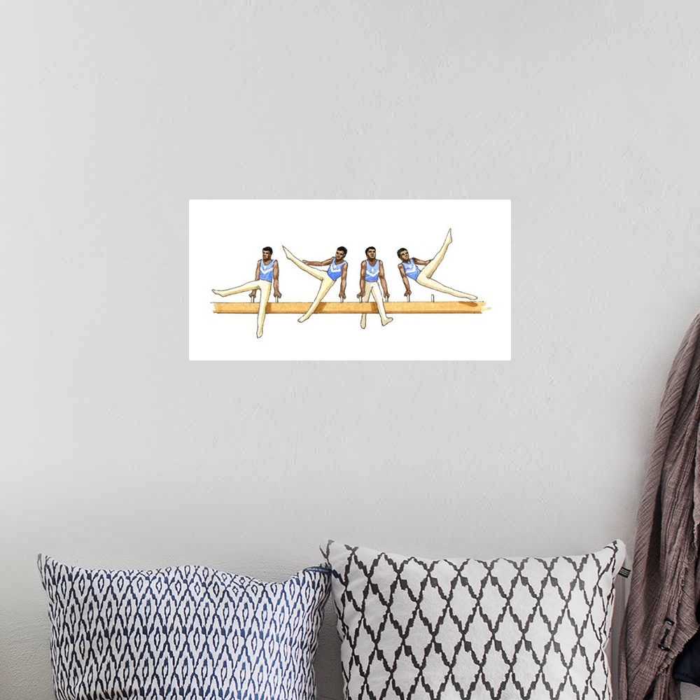 A bohemian room featuring Sequence of illustrations showing male gymnast competing on pommel horse