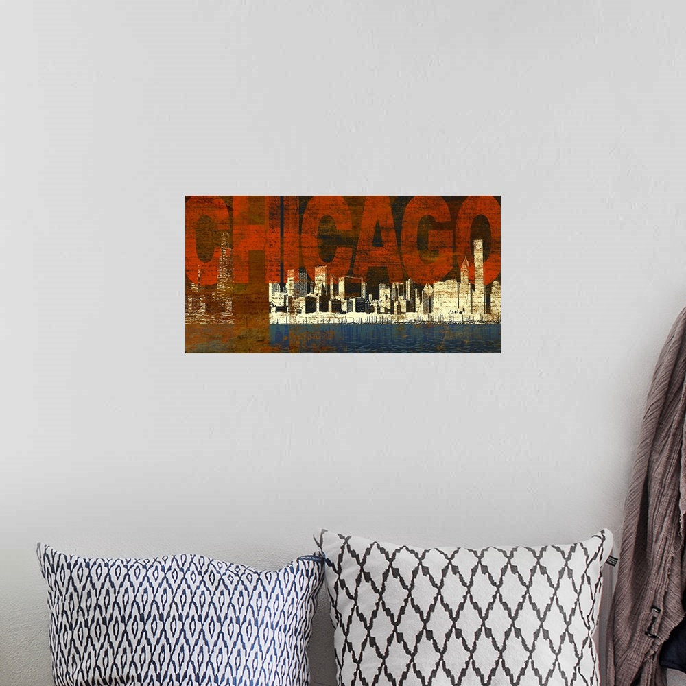 A bohemian room featuring Panoramic abstract painting of a cityscape on a waterfront with large text in the sky on a grungy...