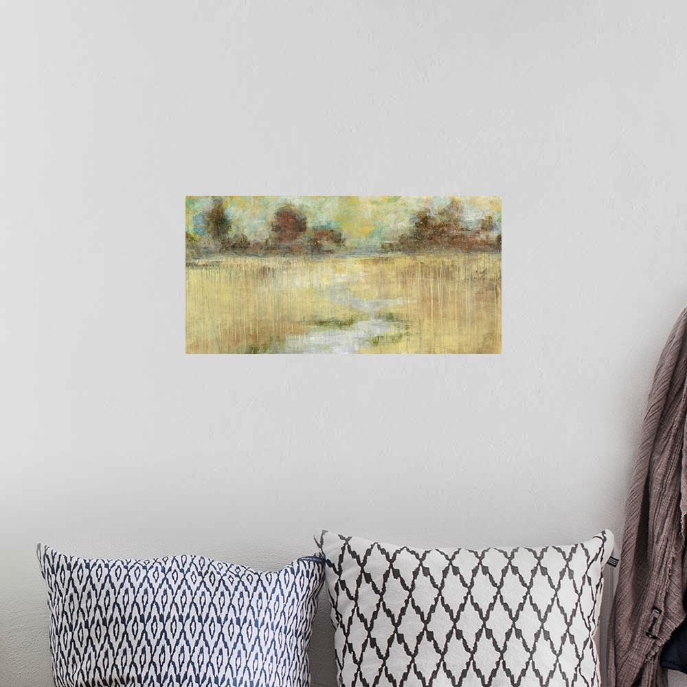 A bohemian room featuring Landscape, large artwork for a living room or office in golden tones.  A  small river winds throu...