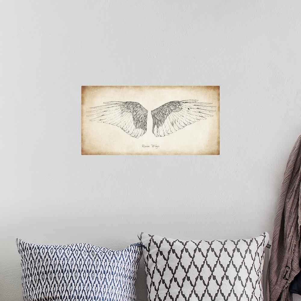 A bohemian room featuring Antique illustration of raven wings.