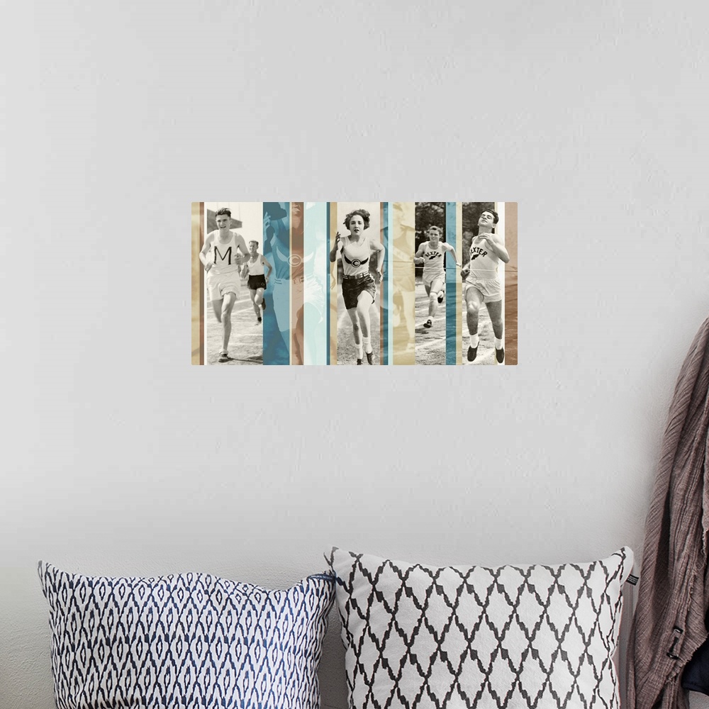 A bohemian room featuring A composite of vintage photos of runners in track and field, with color stripes overlaying.