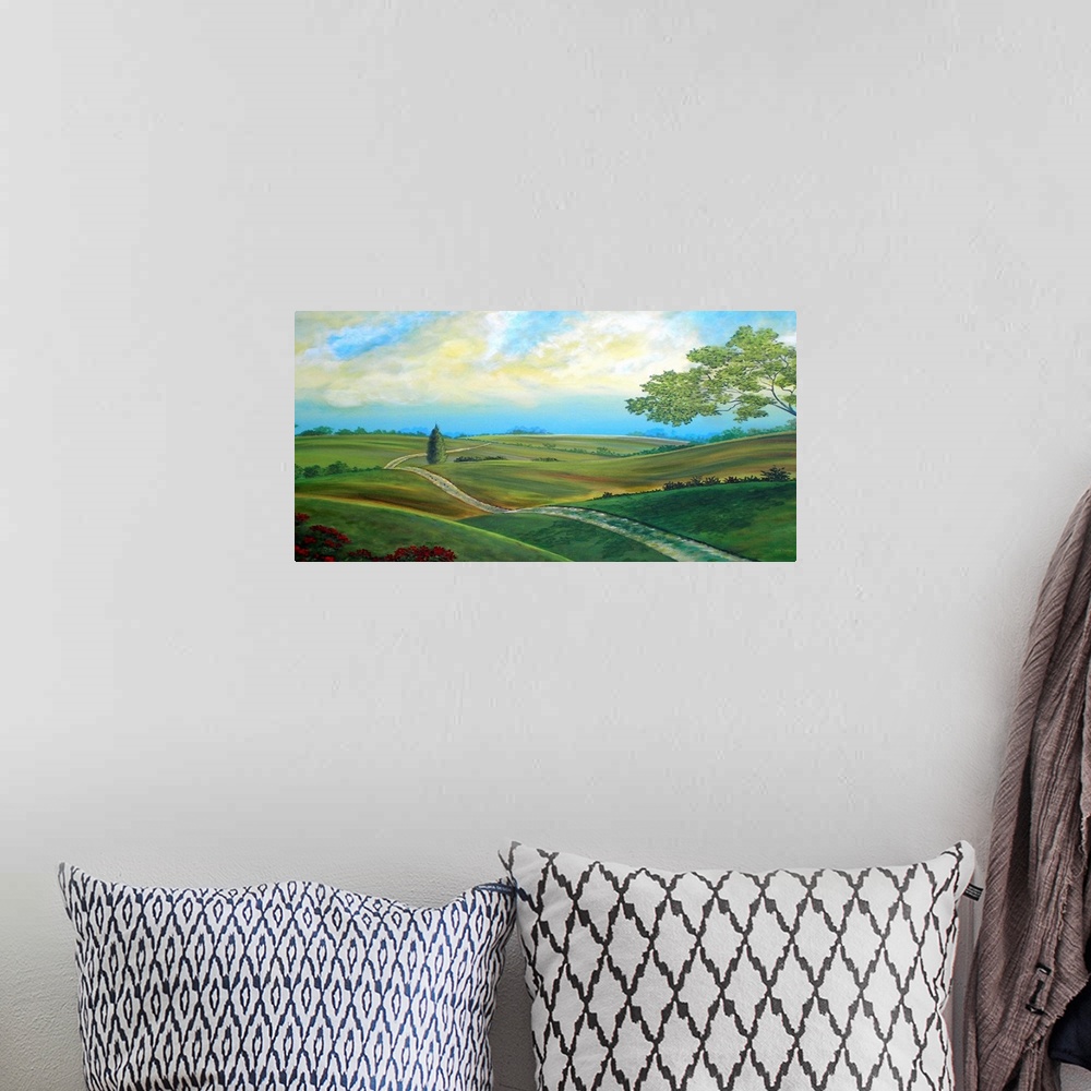 A bohemian room featuring Landscape painting of Leicester's countryside and rolling hills on a beautiful day.