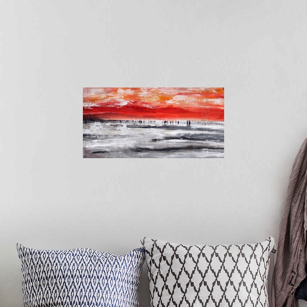 A bohemian room featuring A panoramic mixed media artwork of people walking along a beach.
