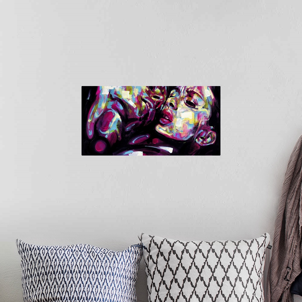 A bohemian room featuring Horizontal abstract portrait of a man and woman in vibrant colors.