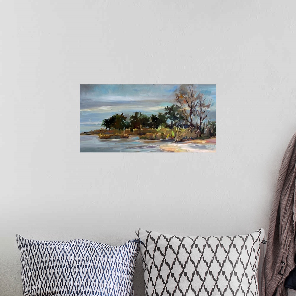 A bohemian room featuring A contemporary painting of a landscape in the winter.