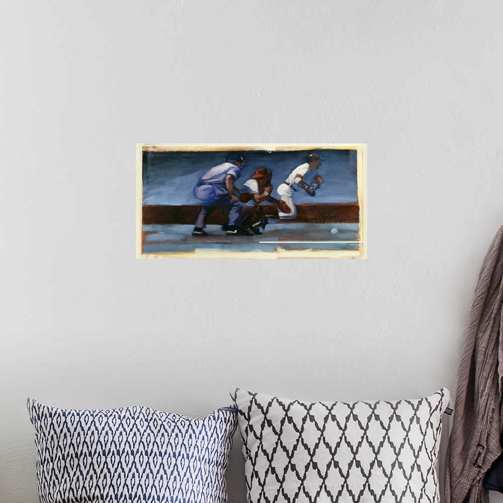 A bohemian room featuring Fine art sports painting of a baseball player at bat by Bruce Dean.