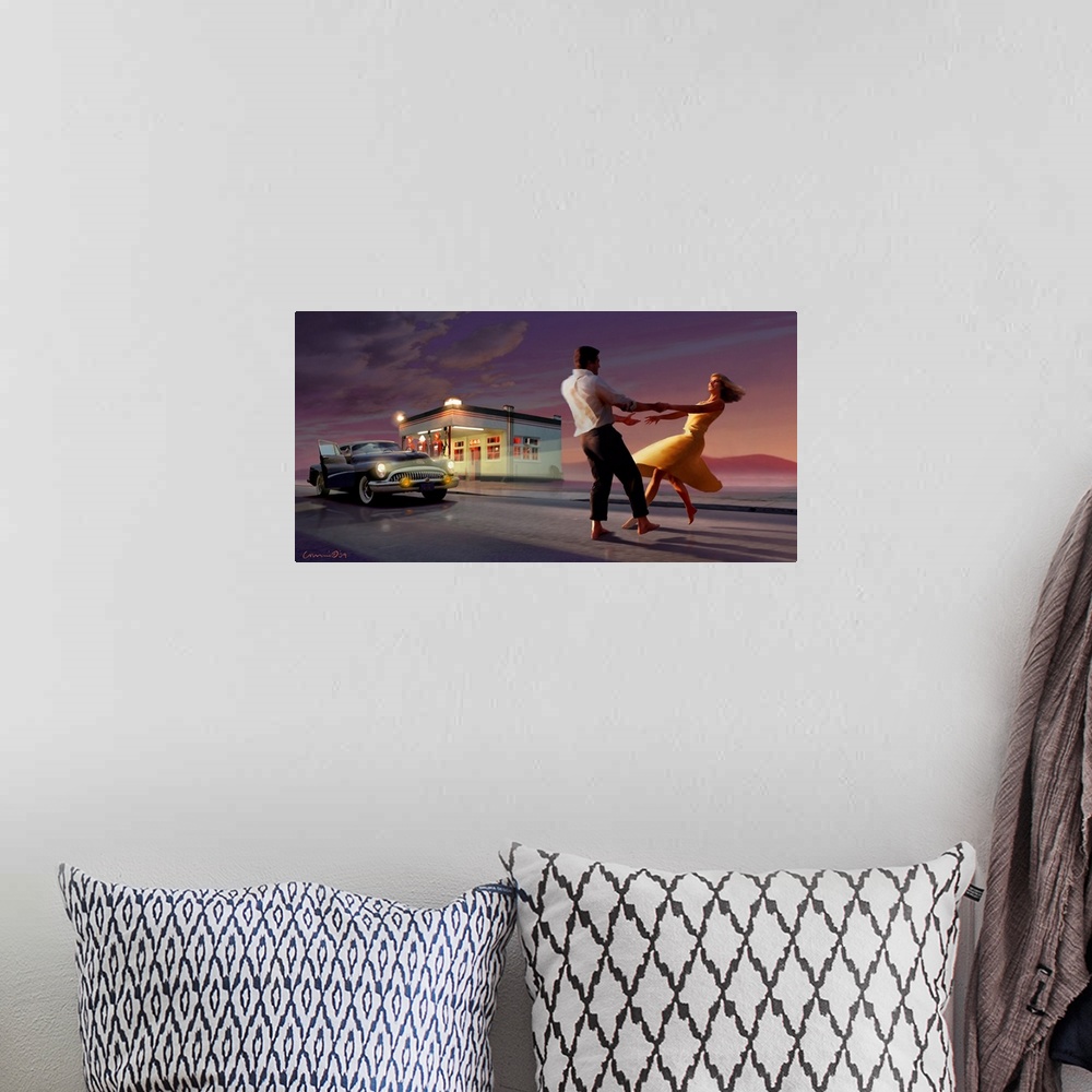 A bohemian room featuring Contemporary artwork of a couple dancing at a vintage gas station after the sun has set.