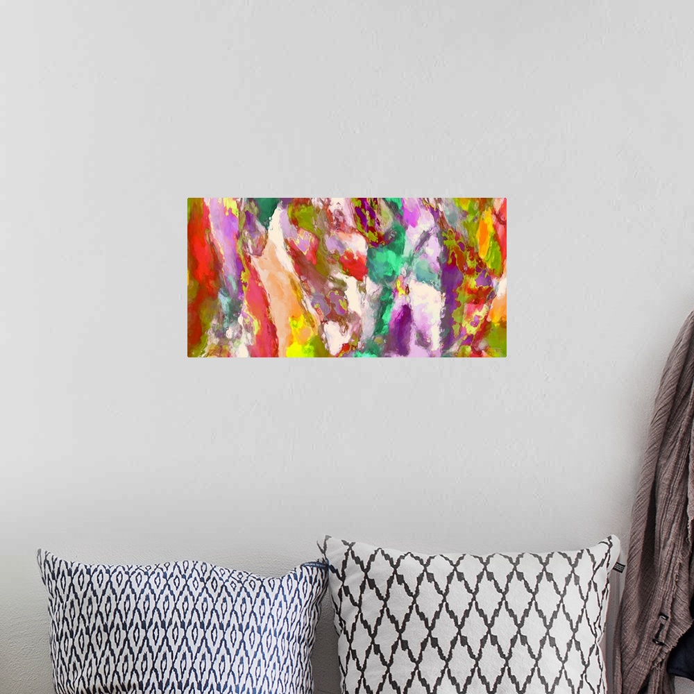 A bohemian room featuring A festival of colorful strokes and splashes. Bright and joyous.