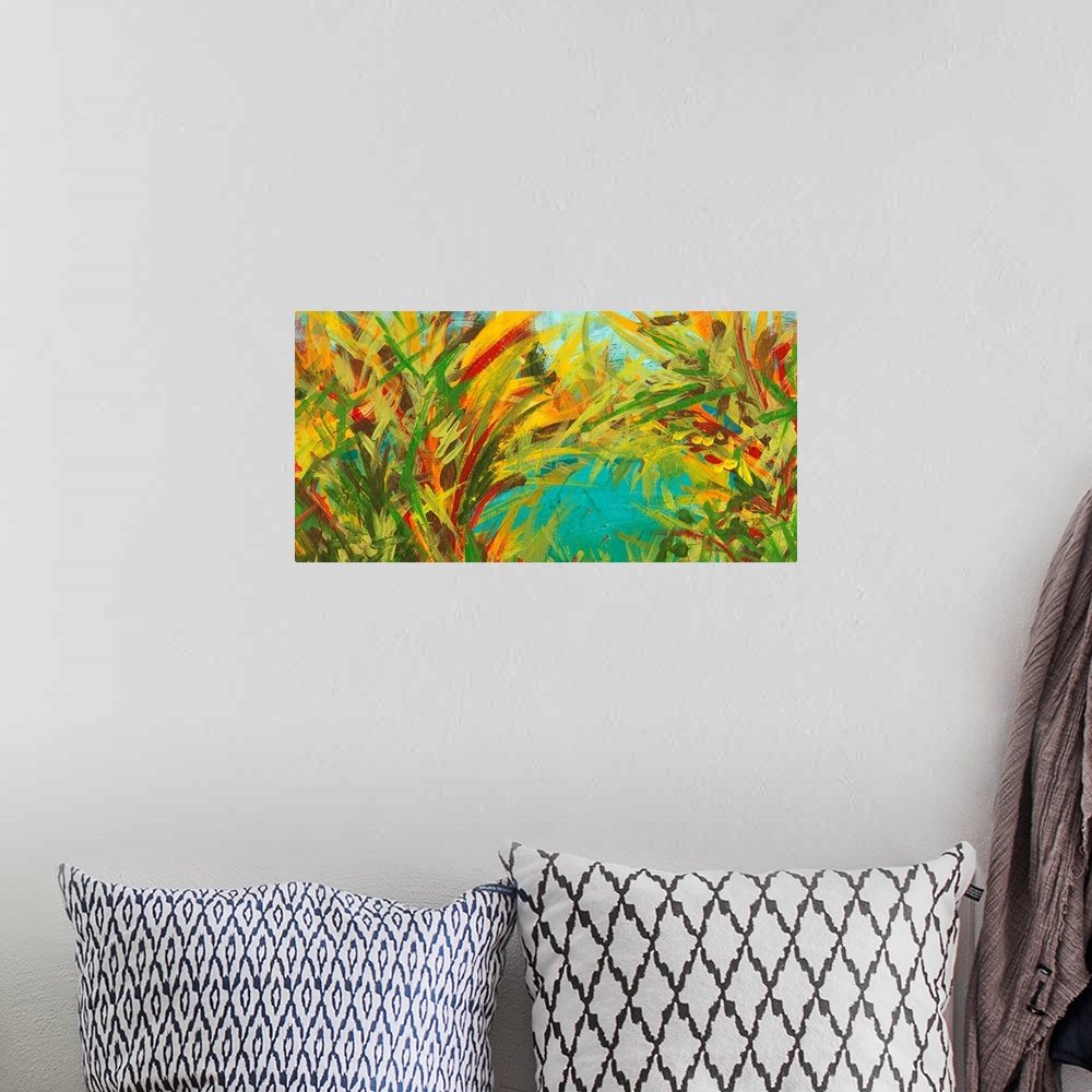 A bohemian room featuring This landscape shaped decorative wall art is an abstract painting with brush strokes and colors t...