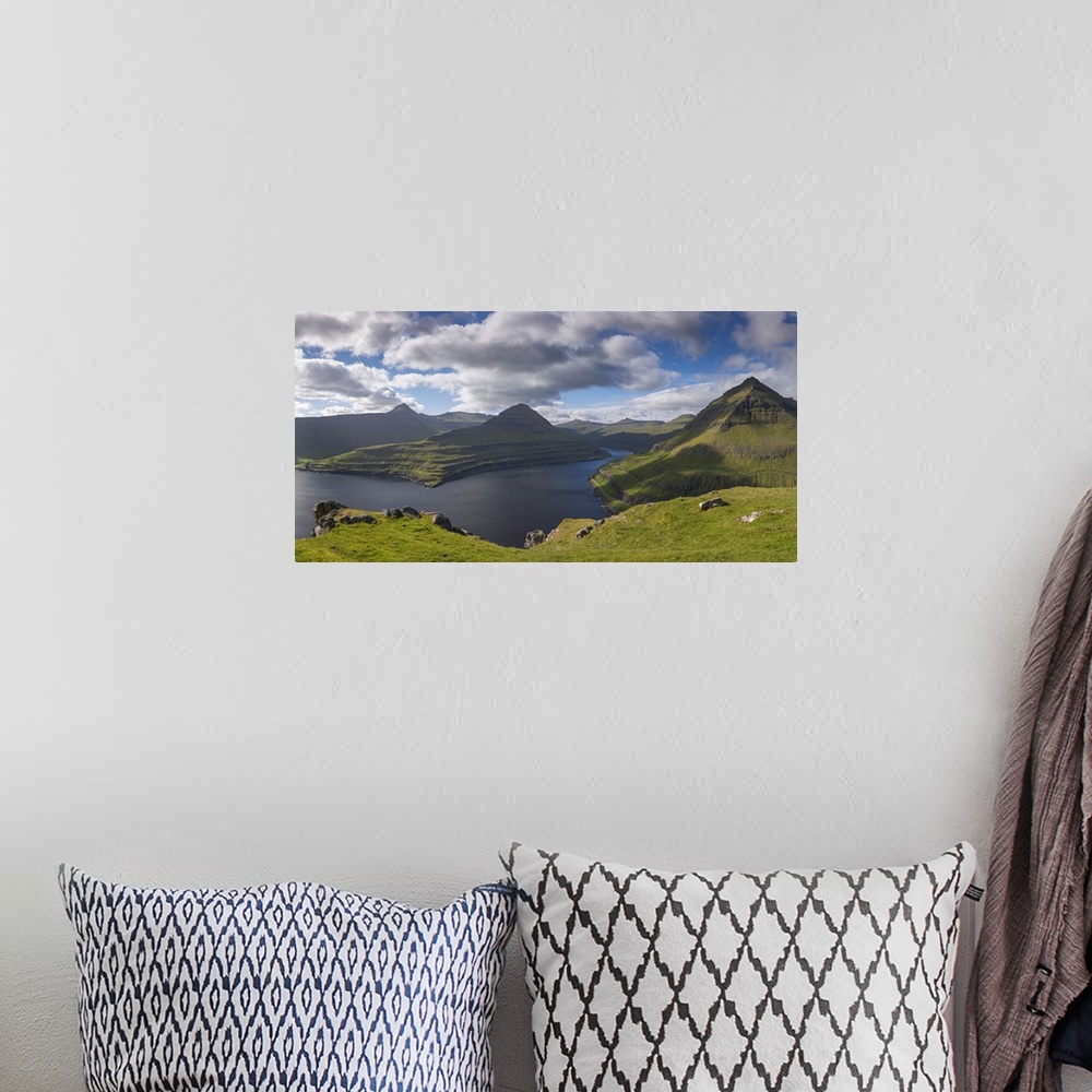 A bohemian room featuring Mountains surrounding Funningsfjordur on the island of Eysturoy, Faroe Islands, Denmark. Summer (...