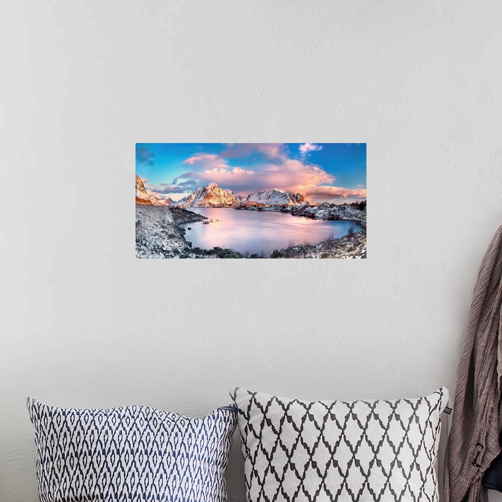A bohemian room featuring Reine, Lofoten Islands, Norway; Panoramic photo of Reine.