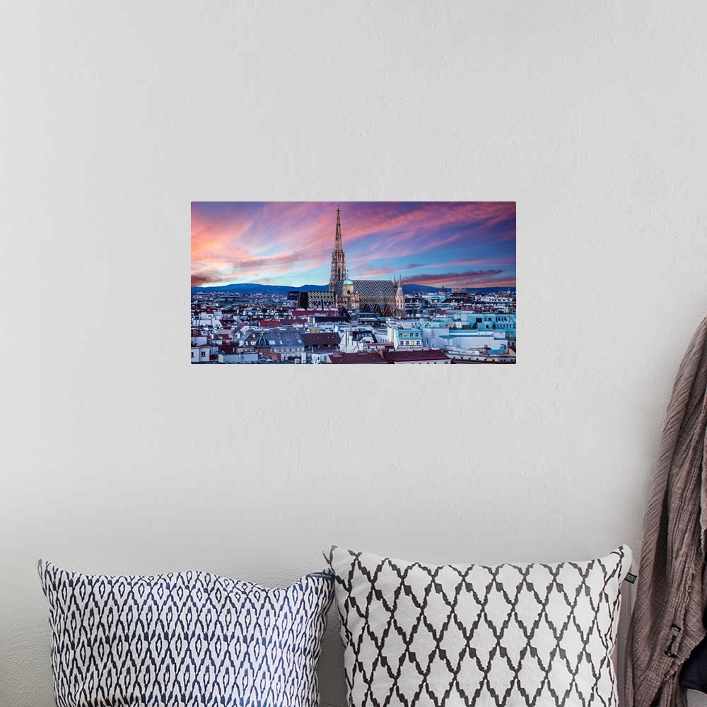 A bohemian room featuring Stephansdom cathedral and city skyline, Vienna, Austria