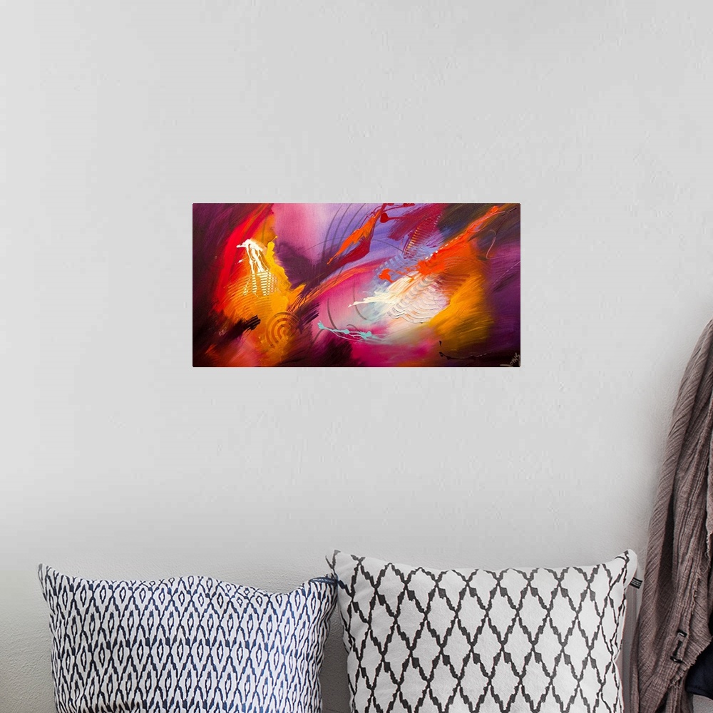 A bohemian room featuring An abstract piece of artwork that uses various colors of paint in dance like motions.