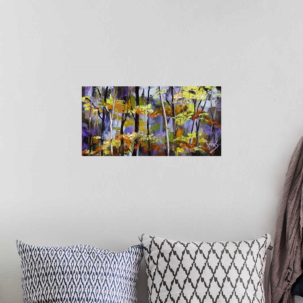 A bohemian room featuring Contemporary painting of a forest with tones of purple seen through the trees.