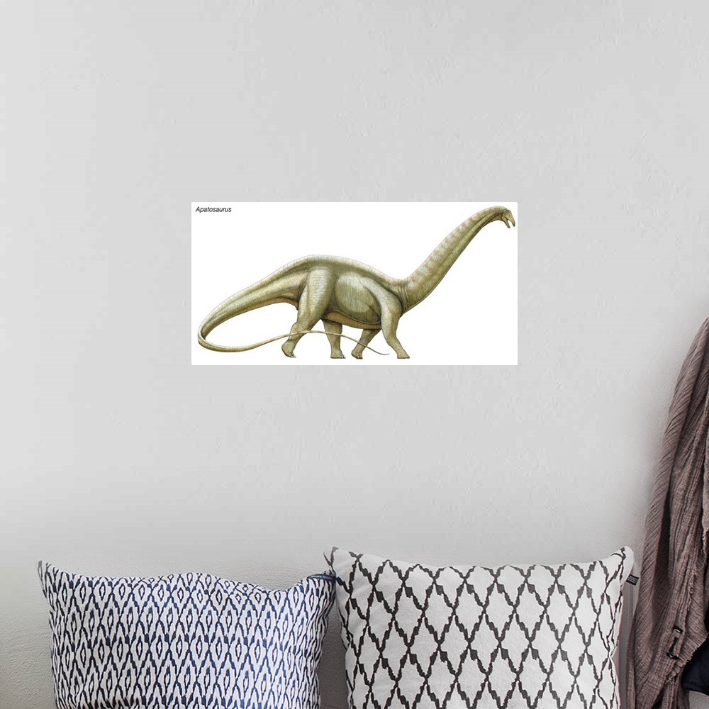 A bohemian room featuring An illustration from Encyclopaedia Britannica of the dinosaur Apatosaurus.