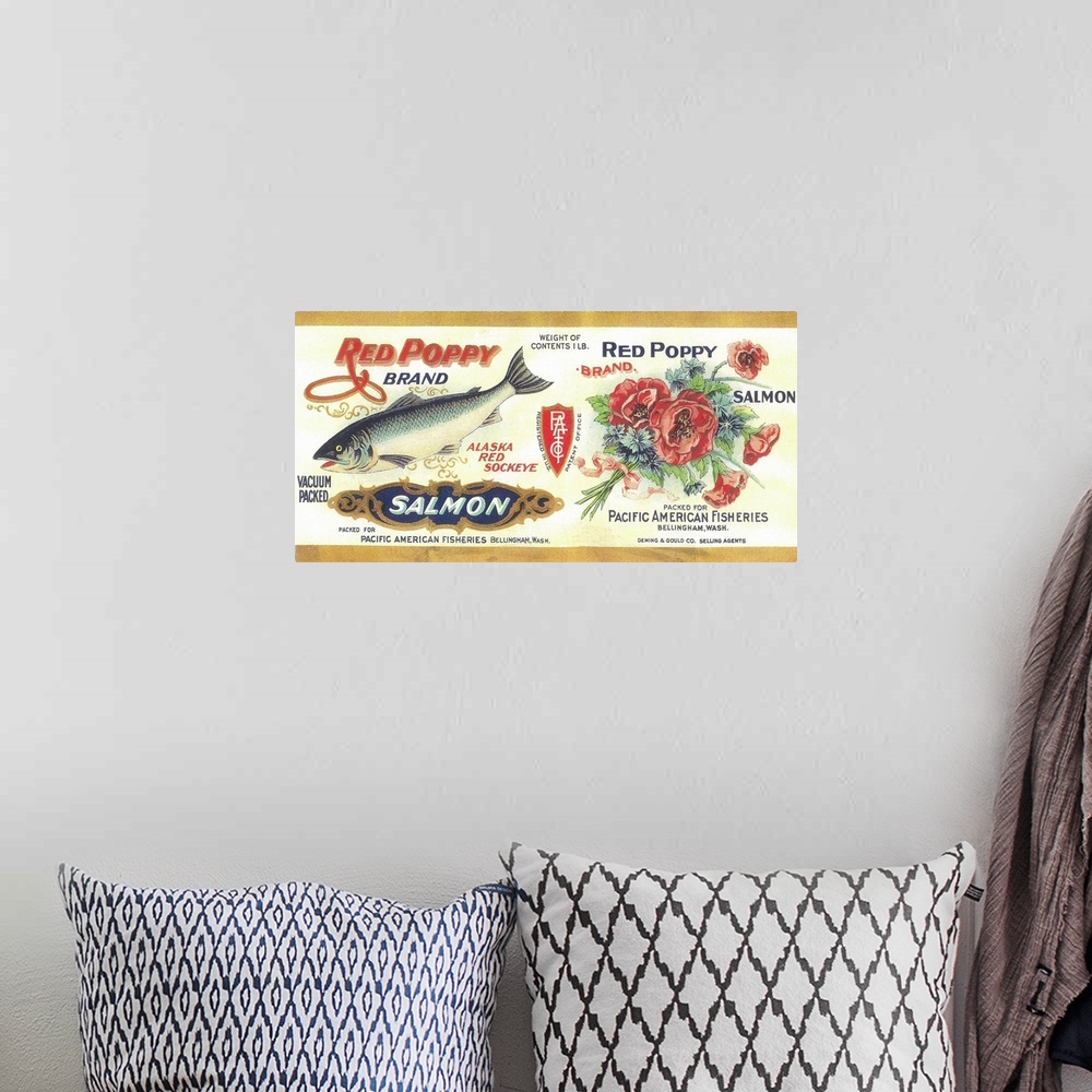 A bohemian room featuring A vintage label from a can of salmon.
