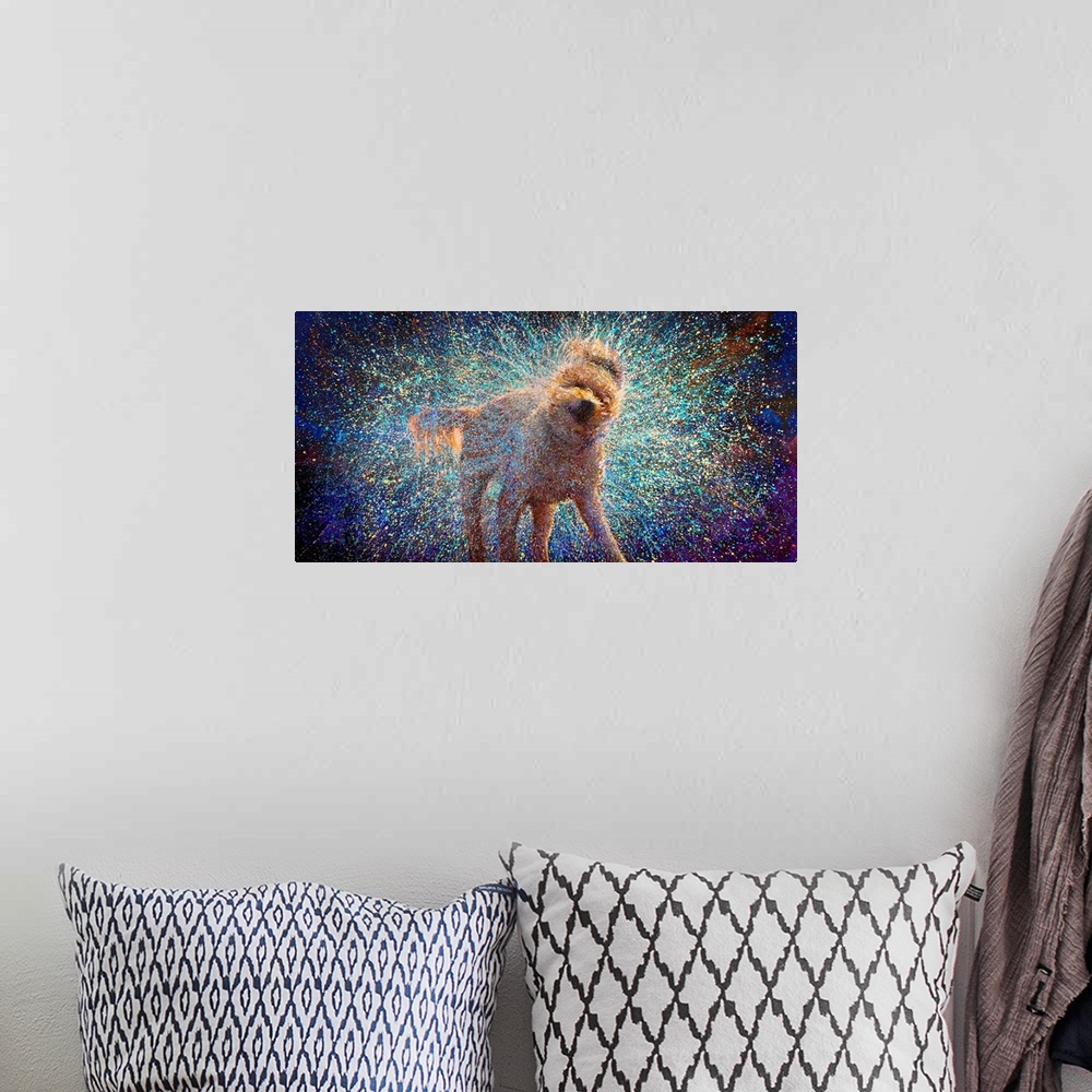 A bohemian room featuring Brightly colored contemporary artwork of a white dog shaking off water.
