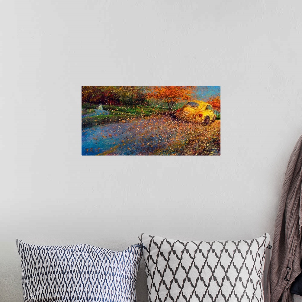 A bohemian room featuring Brightly colored contemporary artwork of a yellow Volkswagen traveling a leaf covered road.