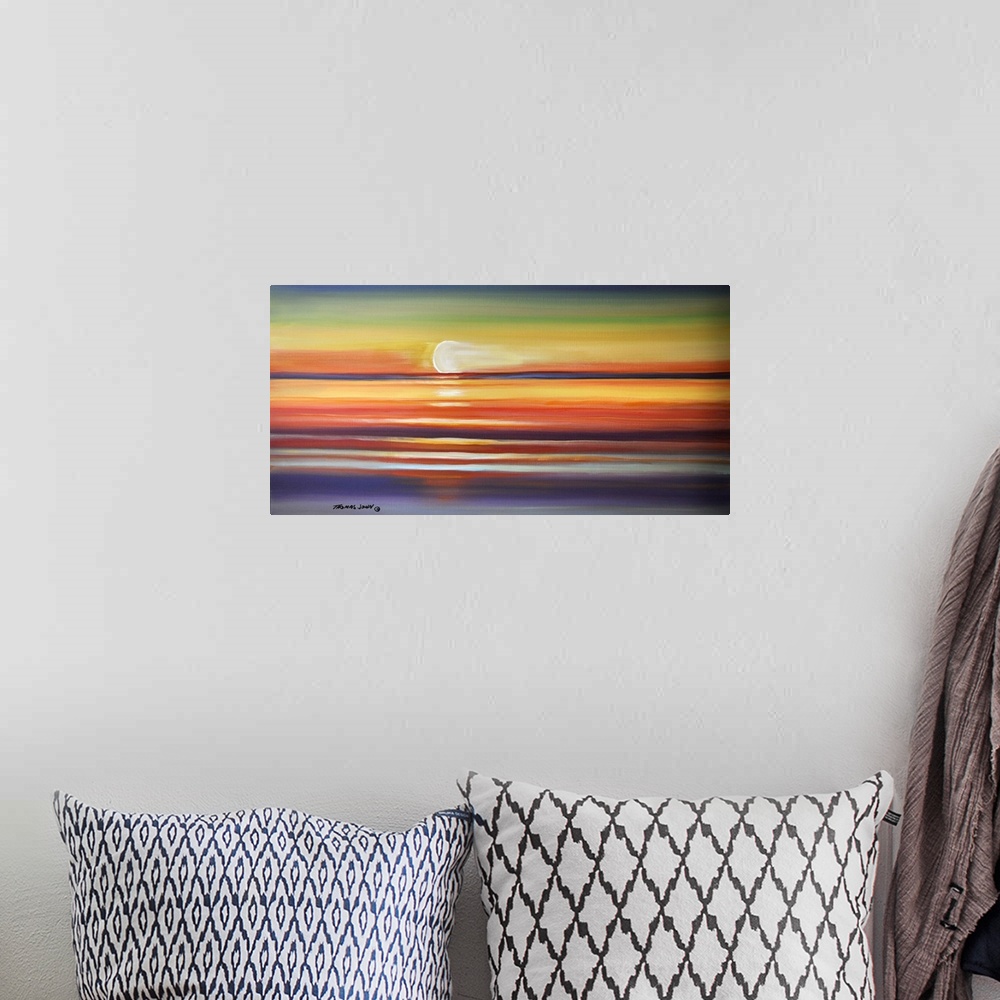 A bohemian room featuring Painting of the sun setting over the calm ocean.