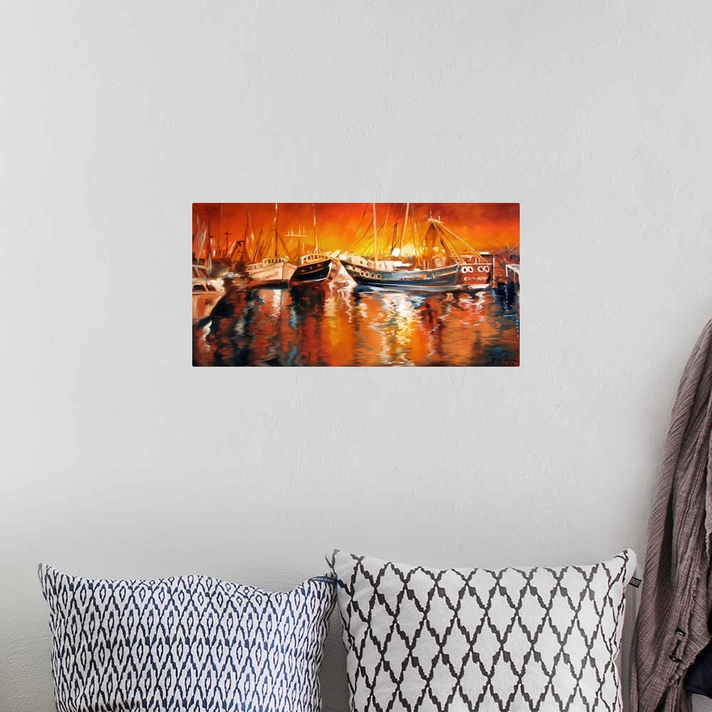 A bohemian room featuring Sunset waterscape of Louisiana, fishing boats at dusk.