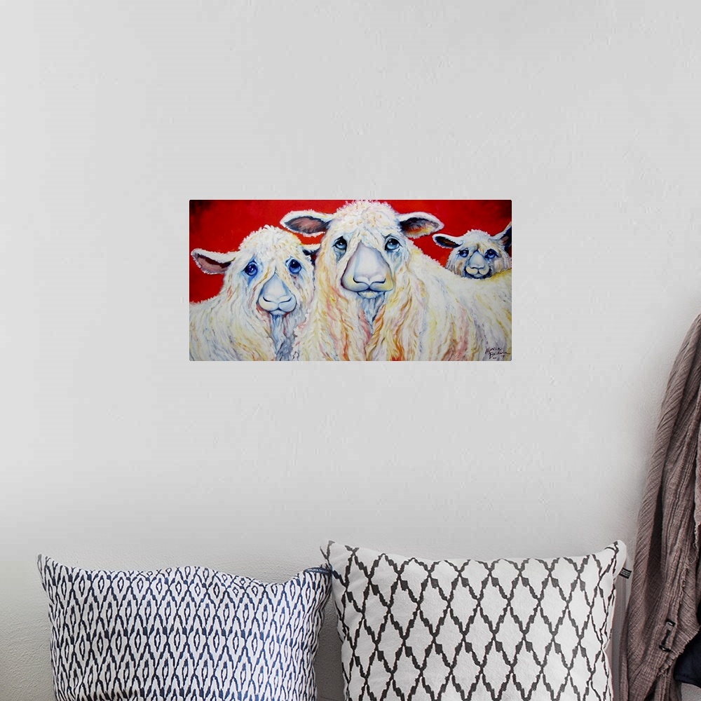A bohemian room featuring Contemporary painting of three sheep with sad eyes on a red background.