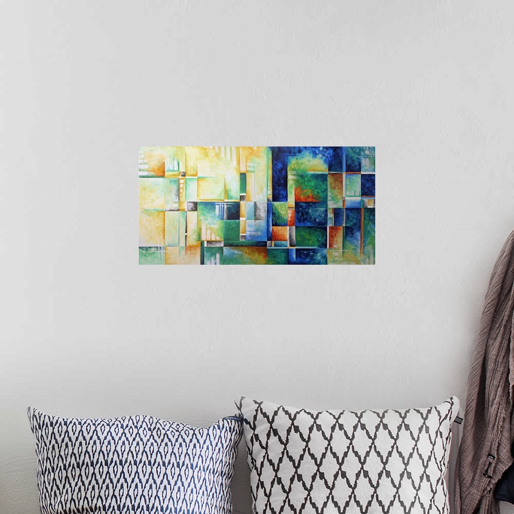 A bohemian room featuring A contemporary abstract painting using a full spectrum of color against a checkered geometric bac...