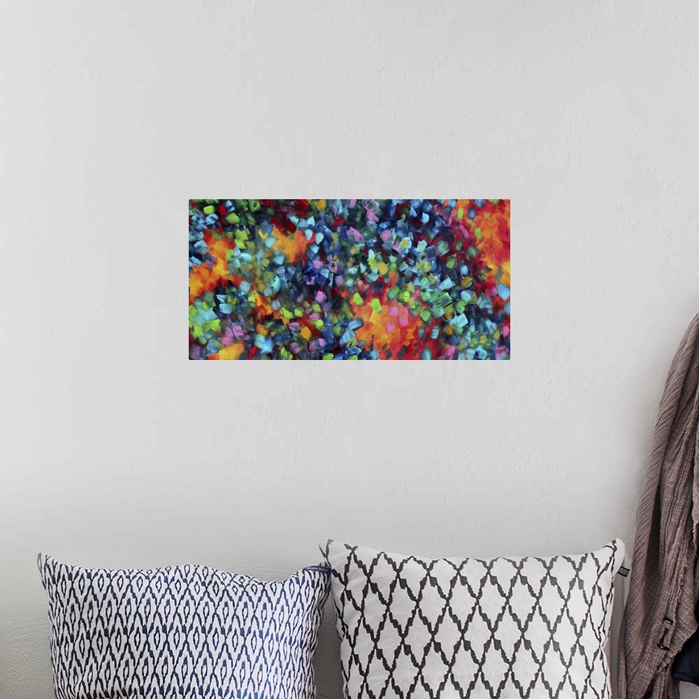 A bohemian room featuring Abstract artwork that has lots of bright colors painted in tiny squares and grouped together by w...