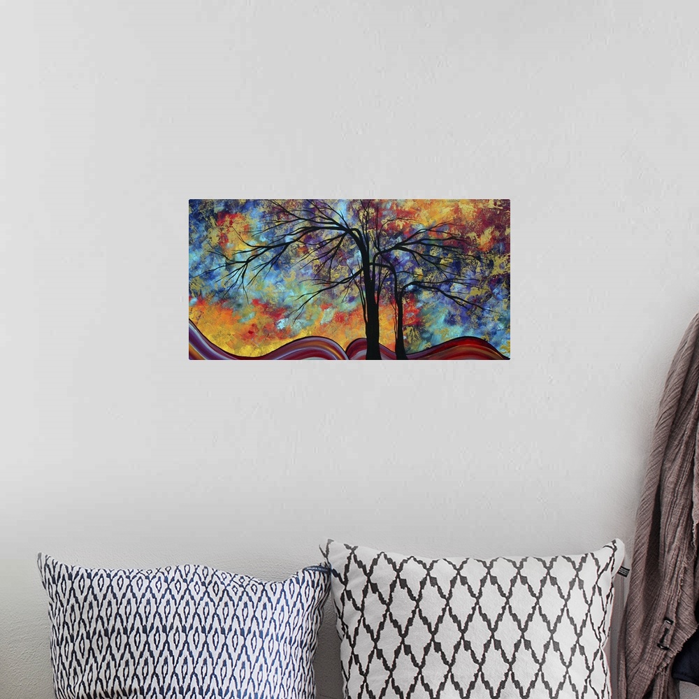 A bohemian room featuring Contemporary painting with the silhouettes of trees against a bright sponged background with swir...