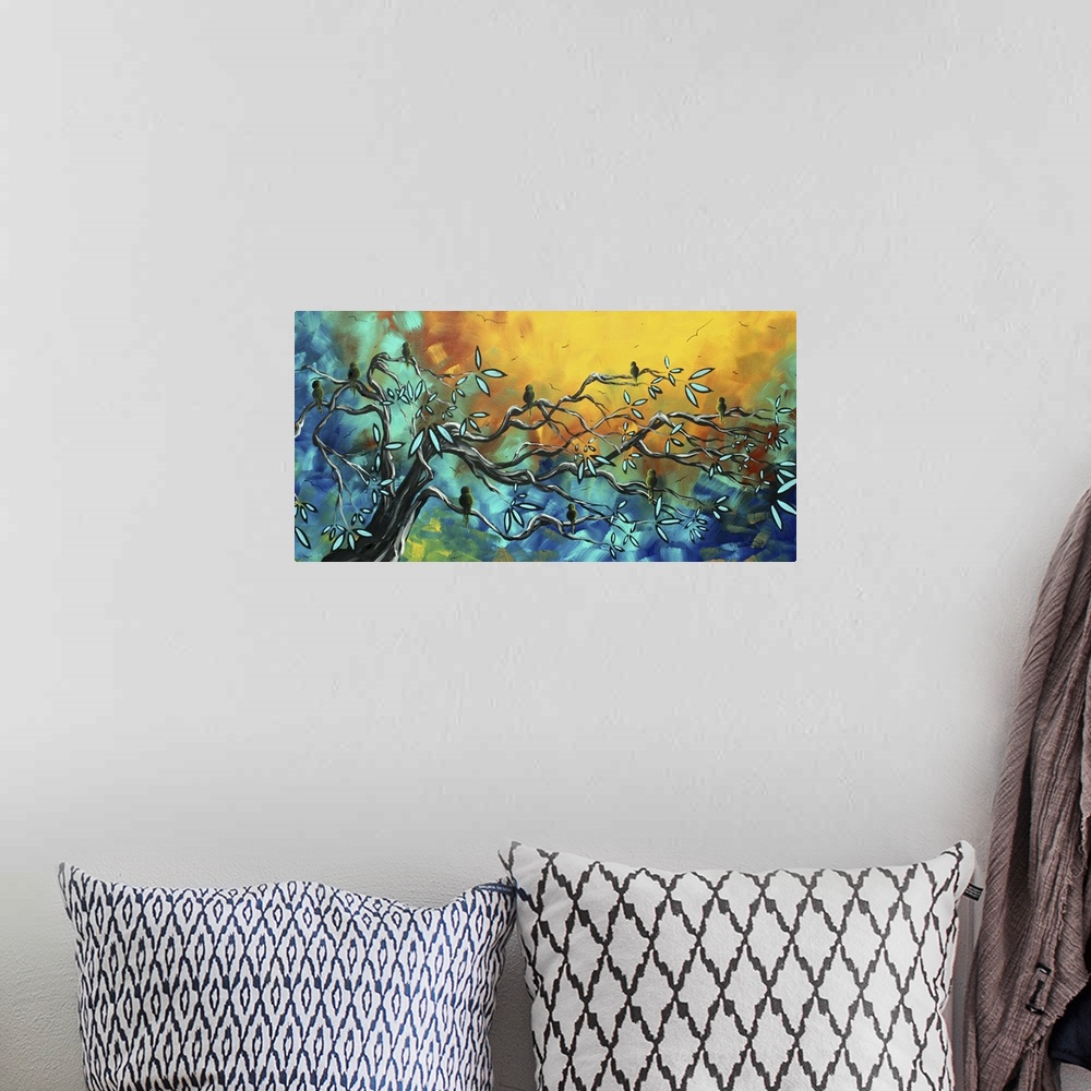 A bohemian room featuring Contemporary abstract panoramic painting of tree with long horizontal branches with leaves with c...