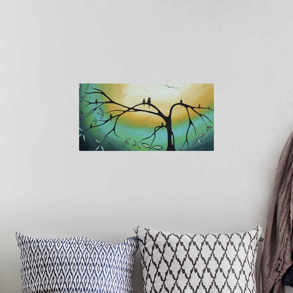 A bohemian room featuring Painting on canvas of birds sitting the branches of a tree silohuetted against a bright sky.