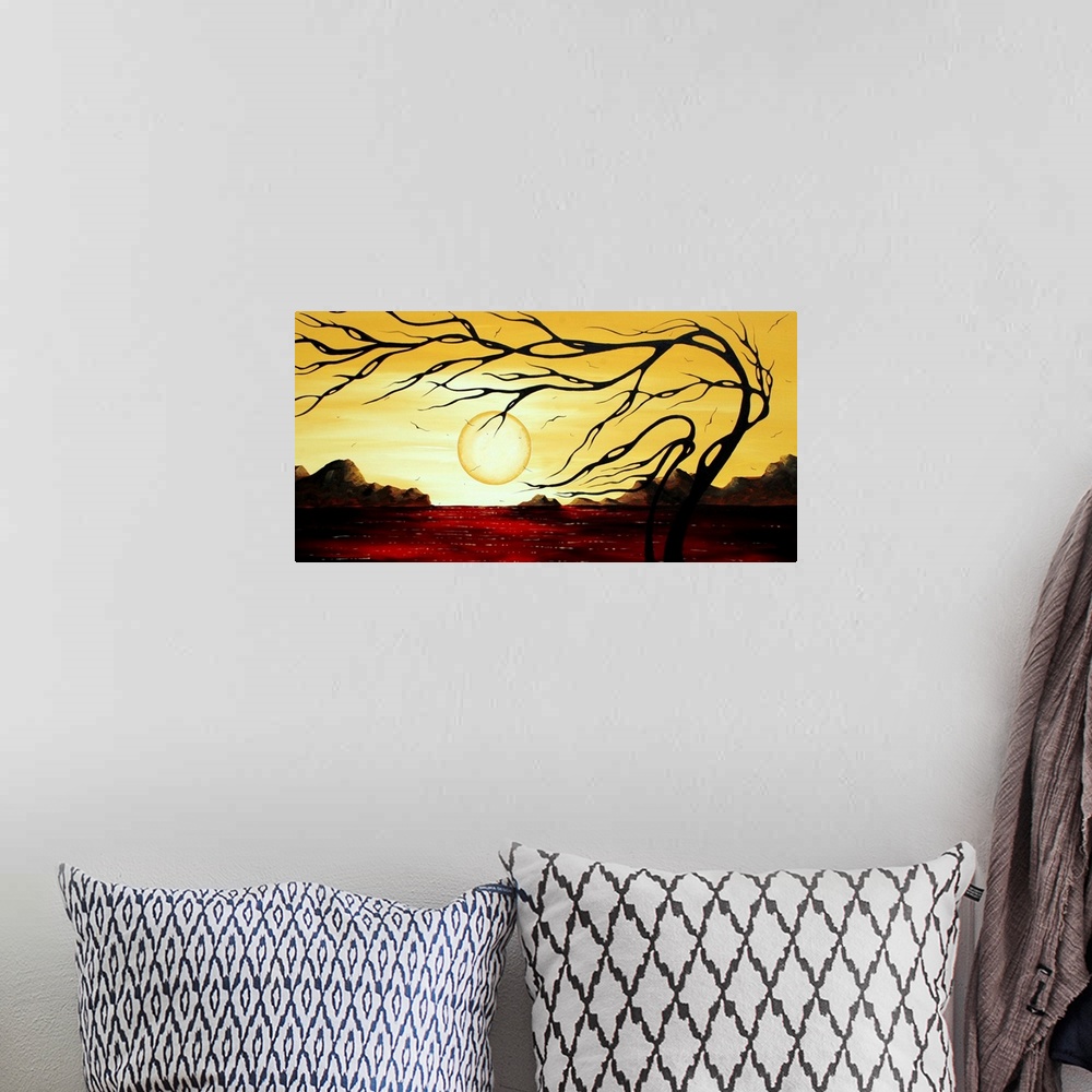 A bohemian room featuring This artwork is a surreal landscape by a contemporary artist of a stylized tree, rocks lining a b...