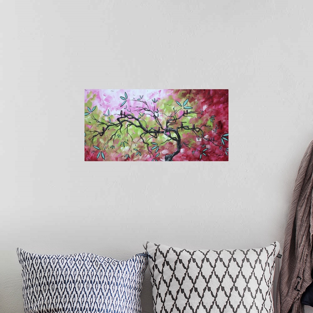 A bohemian room featuring Panoramic painting of branched tree with leaves and abstract background.