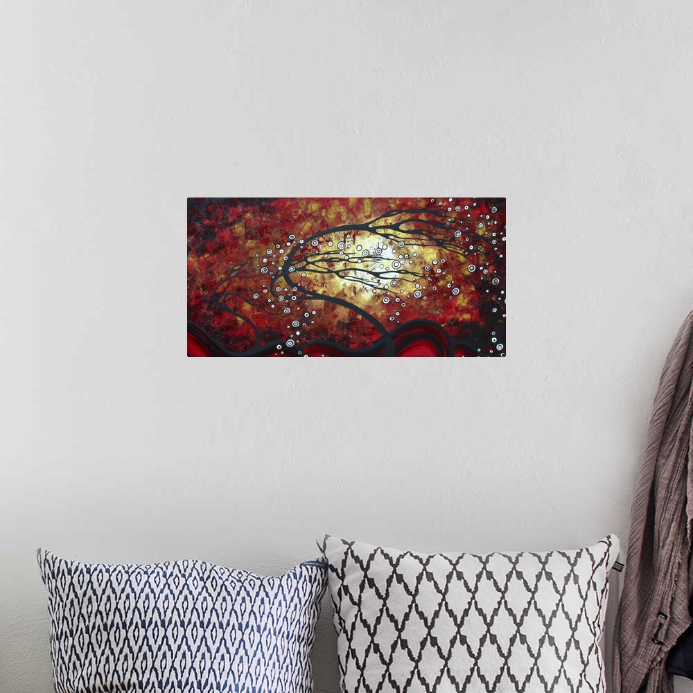 A bohemian room featuring This decorative accent for the home or office is an abstract painting of a surreal tree bending i...