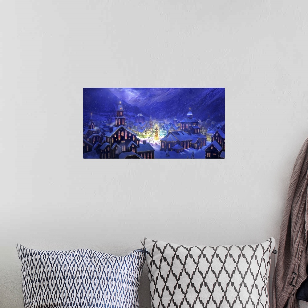 A bohemian room featuring Contemporary artwork of a snowy mountain village illuminated by the Christmas put up by the town.