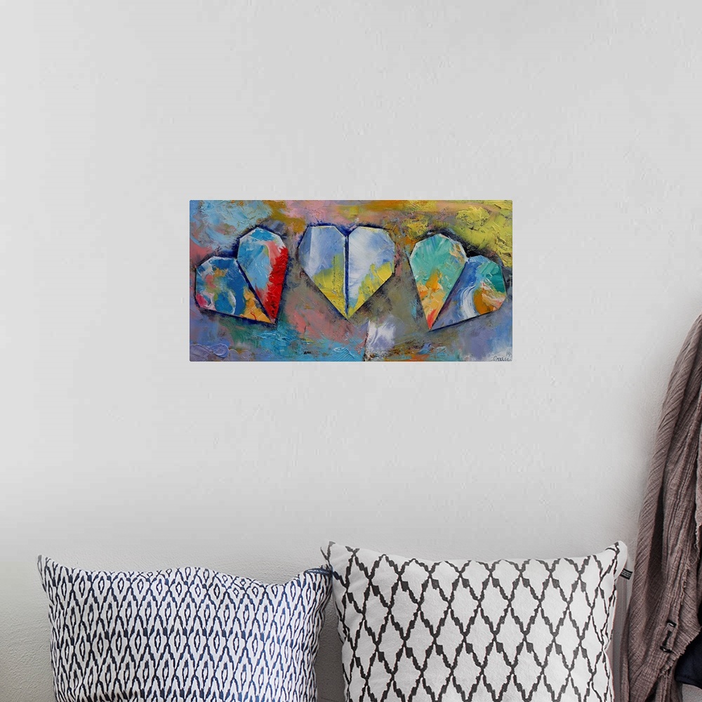 A bohemian room featuring A contemporary painting of origami hearts.