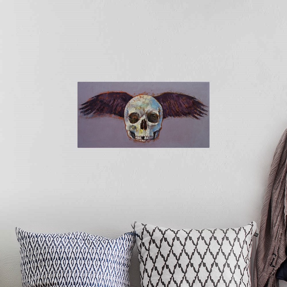 A bohemian room featuring A contemporary painting of human skull with black wings spread out behind it.