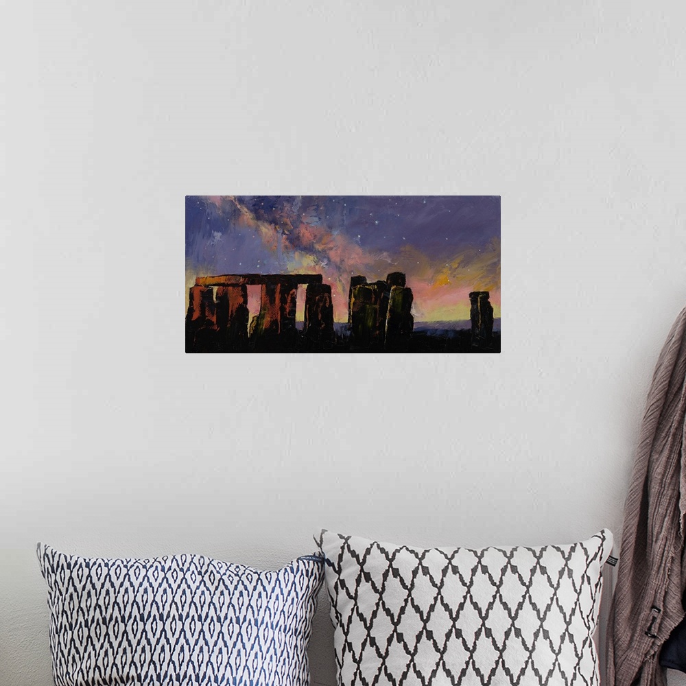 A bohemian room featuring A contemporary painting of a silhouetted Stonehenge under a sunset sky.