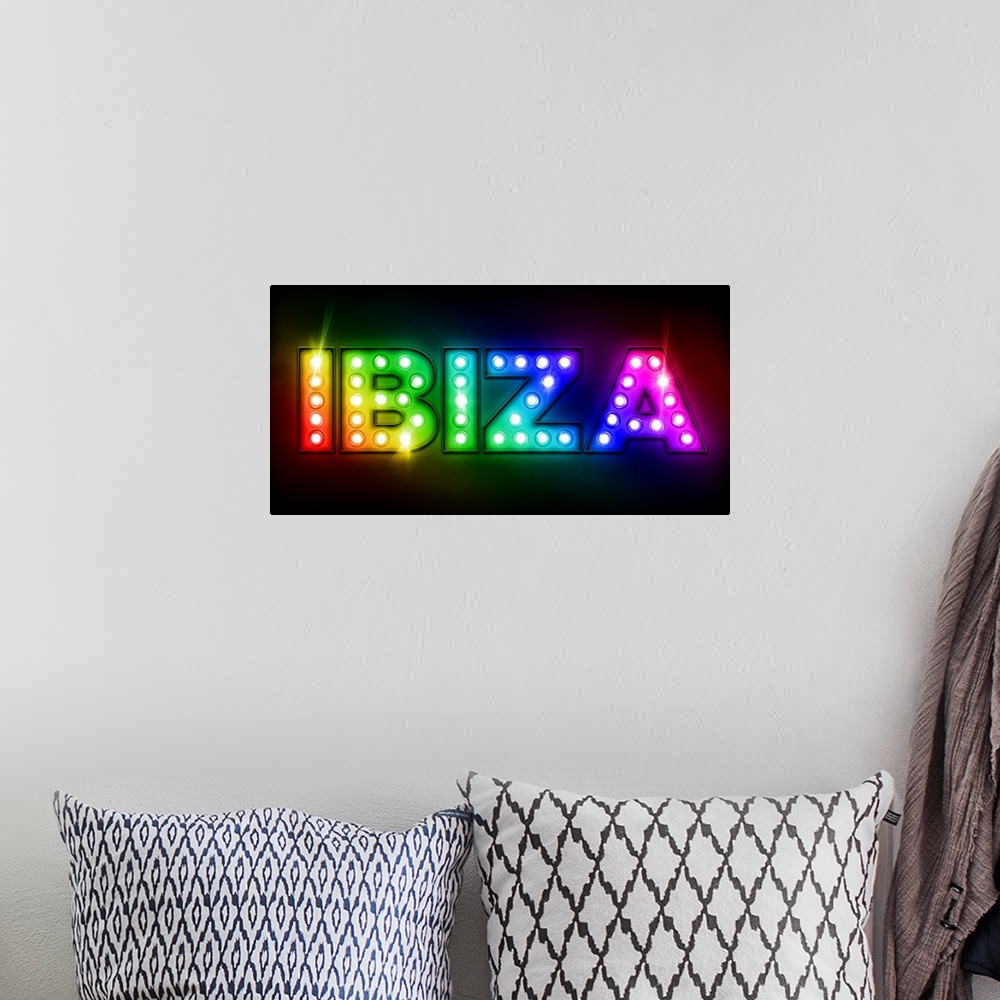 A bohemian room featuring Ibiza billboard sign, with Ibiza written in the style of the old fashioned light bulb billboards,...
