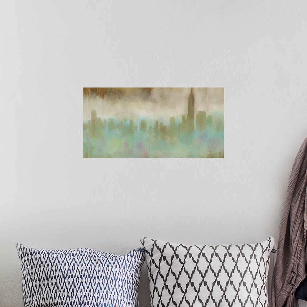 A bohemian room featuring Contemporary painting of the New York City skyline in a soft blue and beige mist.