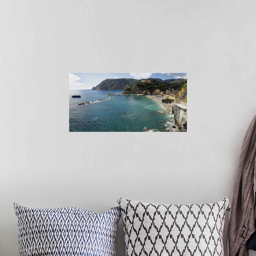 A bohemian room featuring Panoramic High Angle view of a Coastal Town, Monterosso Al Mare, Cinque terre, Liguria, Italy.